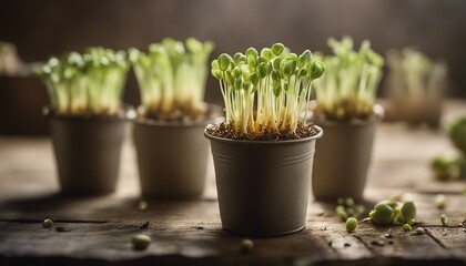 Bright sunlight illuminates sprouts in biodegradable pots on rustic surface.