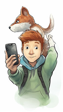 A boy is taking a picture of a dog with a cell phone