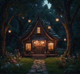 Old wooden cottage in the woods with lanterns at night. 3d rendering