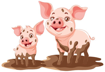 Two cartoon pigs smiling in a muddy puddle.