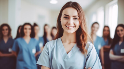 Fototapeta premium Young female doctor with her team of doctors