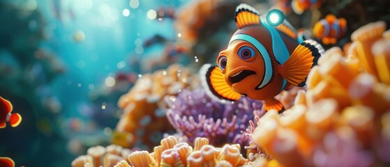 A cartoonish fish with a blue and orange suit is swimming in a coral reef