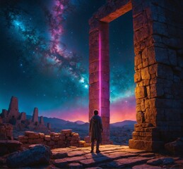 Man looking at the Milky Way through the doorway of an ancient temple