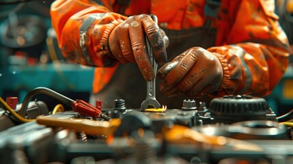 A man in an orange jacket is working on a car engine - obrazy, fototapety, plakaty