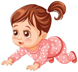 Cute cartoon baby girl in pink crawling happily.