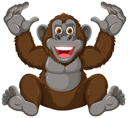 Happy gorilla cartoon character with raised hands