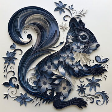 Paper cut black squirrel with flowers on white background