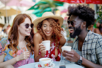 Multiracial group of happy smiling friends enjoy a cheerful coffee break, laughing during a lively lunch meeting. Different races and skin colors diversity. Vintage retro style