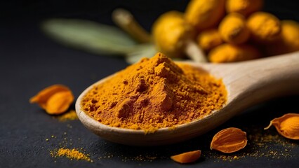 Turmeric on a black background. Free space for text.