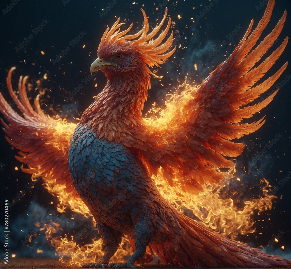 Poster 3d rendering of a red phoenix with fire in the background