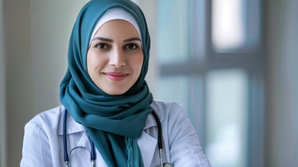 Female doctor in hijab portrays healthcare professionalism with medicine expertise and a confident smile - obrazy, fototapety, plakaty