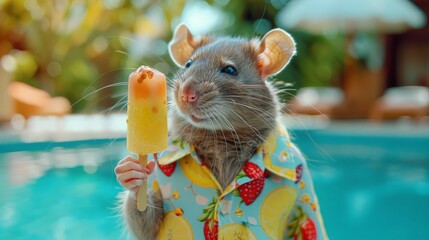 A rat is wearing a fruit print shirt and holding a popsicle standing on swimming pool, animal in summer fashion background,