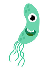 Cute cartoon green character bacteria, microbe, germ. Microbiology organism. Mascot expressing emotion. Vector children illustration in flat design.