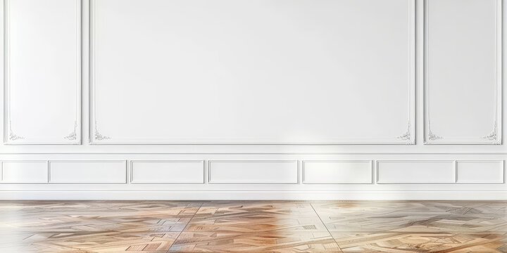 White wall with paneling and parquet floor, empty room interior with wall panels molding and wooden floor, copy space