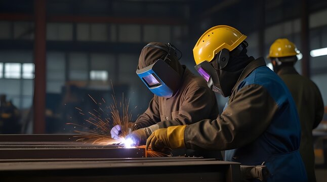 welder is welding steel structure with safety mask .Generative AI