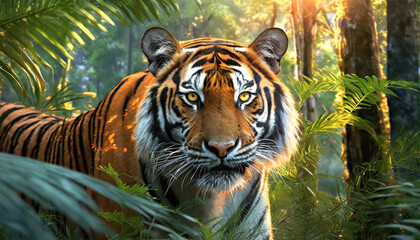 Jungle Majesty: Bengal Tiger Amidst Lush Rainforest - obrazy, fototapety, plakaty