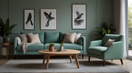 Stylish scandinavian living room interior with design mint sofa, furnitures, mock up poster map, plants, and elegant personal accessories .Generative AI