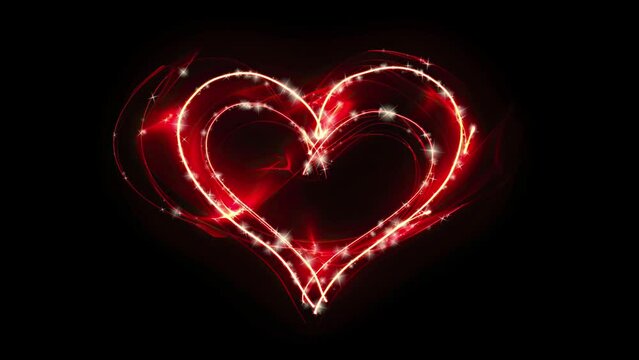 Glowing red neon heart on black background.	