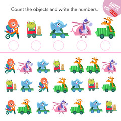 Count and write numbers. Puzzle game for children. Animals in zoo. Cartoon characters. Funny lion, frog, elephant, horse. Vector illustration.