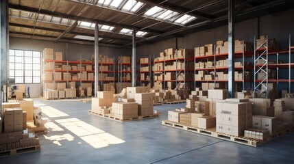 Illustration warehouse interior featuring shelves, pallets, and boxes