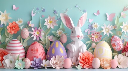 At the creative arts event, there are Easter eggs hidden among the grass and a paper bunny made with intricate art designs. The festive font and flower decorations make everyone happy AIG42E