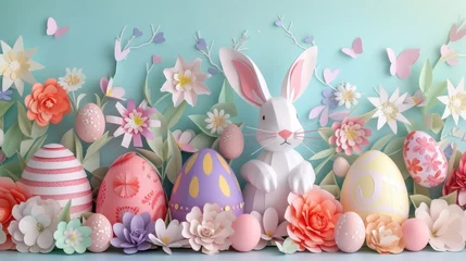 Foto op Plexiglas At the creative arts event, there are Easter eggs hidden among the grass and a paper bunny made with intricate art designs. The festive font and flower decorations make everyone happy AIG42E © Summit Art Creations