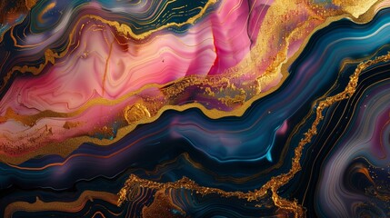 Ripples of agate and marble in gold, pink, and blue, a luxurious 3D wallpaper texture, dark elegance