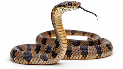 Fototapeta premium A striking cobra snake poised on a white background, displaying its majestic form and intimidating presence