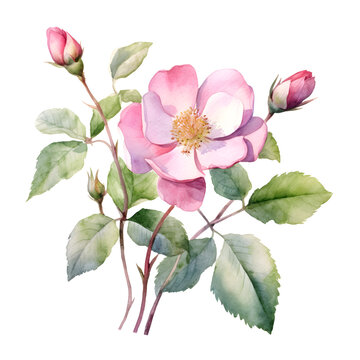 A beautiful watercolor pink wild rose flower isolated on white background. Realistic rose hip  plant illustration for postcard, greeting card, wedding invitation or poster.