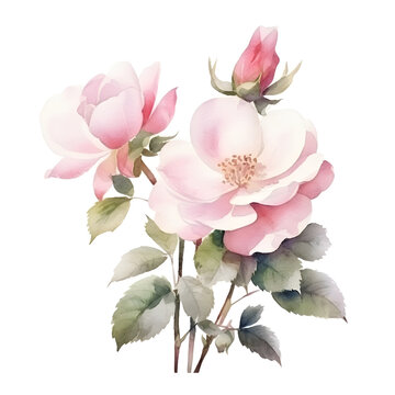 Beautiful watercolor tender rose hip flower isolated on white background. A rose pink realistic PNG wild rose illustration pattern design for card, home decor or wedding invitation