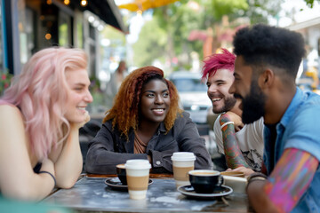 Multiracial group of happy smiling friends enjoy a cheerful coffee break, laughing during a lively lunch meeting. Different races and skin colors diversity. Vintage retro style