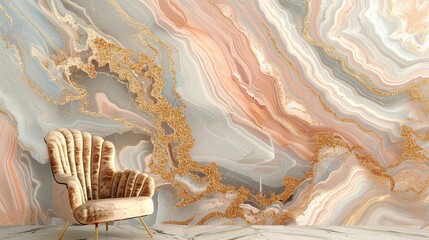 Obraz premium Fluid art in 3D wallpaper, rich gold and rose gold marble, waves skin wall effect, luxury redefined