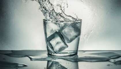 A monochrome image showing a close-up of ice cubes causing a gentle splash in a glass of water, focusing on the textures and contrast between the ice, water, and glass