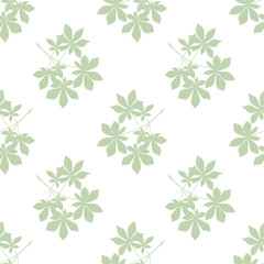 Minimalist pastel floral seamless pattern, tree branches or chestnut twigs with leaves of light green color on white background. Vector illustration for wallpaper, fabric or package design and print.