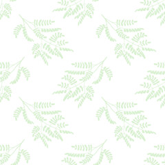 Minimalist pastel floral seamless pattern, tree branches or acacia twigs with leaves of light green color on white background. Vector illustration for wallpaper, fabric or package design and print.