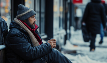 Homeless man wearing a beanie and scarf sits outside on a snowy day, his thoughtful gaze reflecting the chill of winter in the city - Generative AI