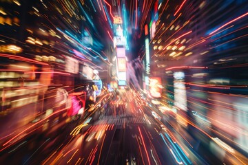 A blurry cityscape with neon lights and a tall building in the background - obrazy, fototapety, plakaty