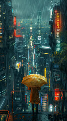 Android Assistant, Human-like Features, Digital World Integration, High-Tech Cityscape, Rainy Weather, Photography, Backlights