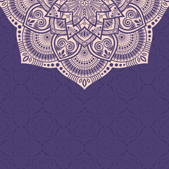 Greeting card or invitation template with mandala vector color illustration. Ethnic mandala decorative background. Pink mandala ornament on violet background. Islam, Arabic, Indian, ottoman motifs.  - 780274006
