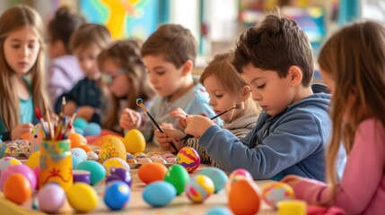 Obraz premium A toddler is sitting at a table happily painting Easter eggs, showcasing his adaptation skills and having fun in a leisure activity. His smile shows he is enjoying the recreation time AIG42E