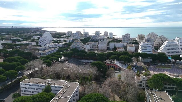 Aerial establishing shot of the large modern resorts in La Grande Motte