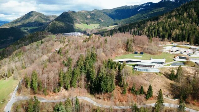 Drone revealing Mountain scenery of Obersalzberg with Documentaion Center