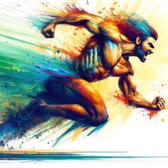 A man in full roar, charging forward with a fierce expression pop art style