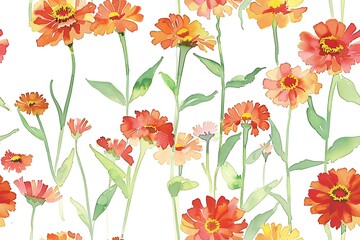 Watercolors of zinnia flowers, seamless pattern tile.
