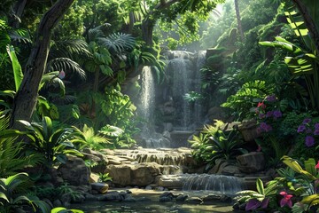 An oasis in the lush forest Waterfall that cascades into tiers - obrazy, fototapety, plakaty