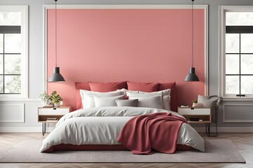 Light Red Accent Decor: Blank Canvas Mockup for Bedroom, Minimalist Interior