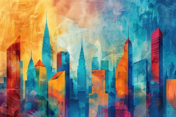 Deurstickers Aquarelschilderij wolkenkrabber  art print showing the skyline of cities