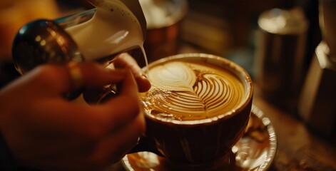 An artisan barista crafting a perfect latte, with the swirl of milk creating a delicate art on top