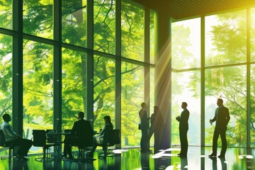 corporate office workplace with office businessmen talking with people in green environment