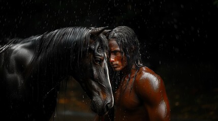 Fototapeta na wymiar dark skinned man with long hair Show your love for this majestic dark black horse. on a black background